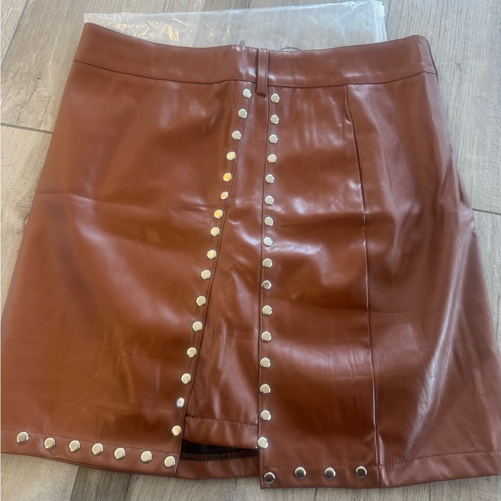 Brown PLeather Mini Skirt funky pencil skirt faux leather size L - Picture 4 of 9